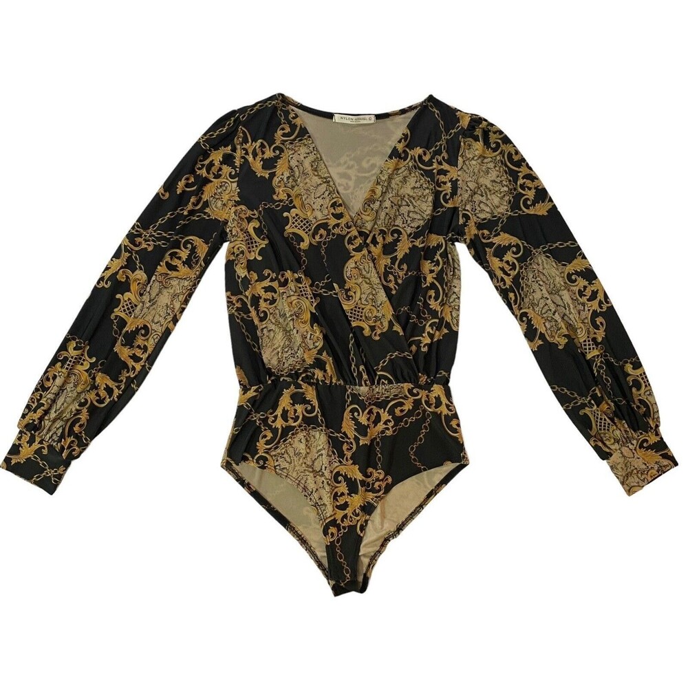 Nylon Apparel Bodysuit Womens Large Black Gold Baroque Chain Surplice USA